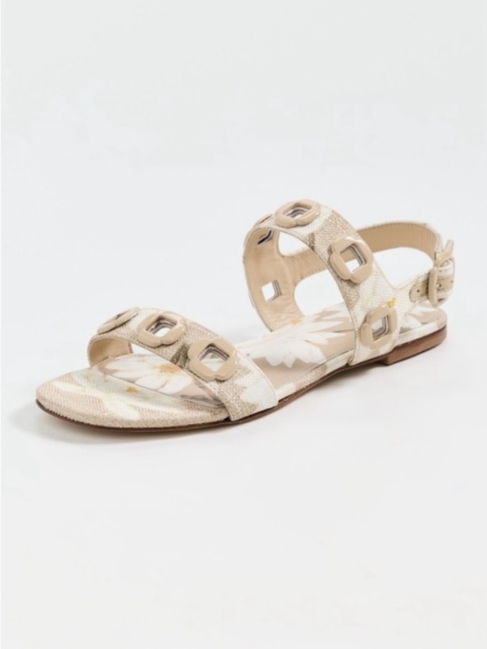 Larroude Milan Flat Sandal In Beige Printed Raffia 
9 / Beige